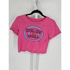 MTV Women's Short Sleeve Printed Pink Round Neck Pullover Crop Top Size S